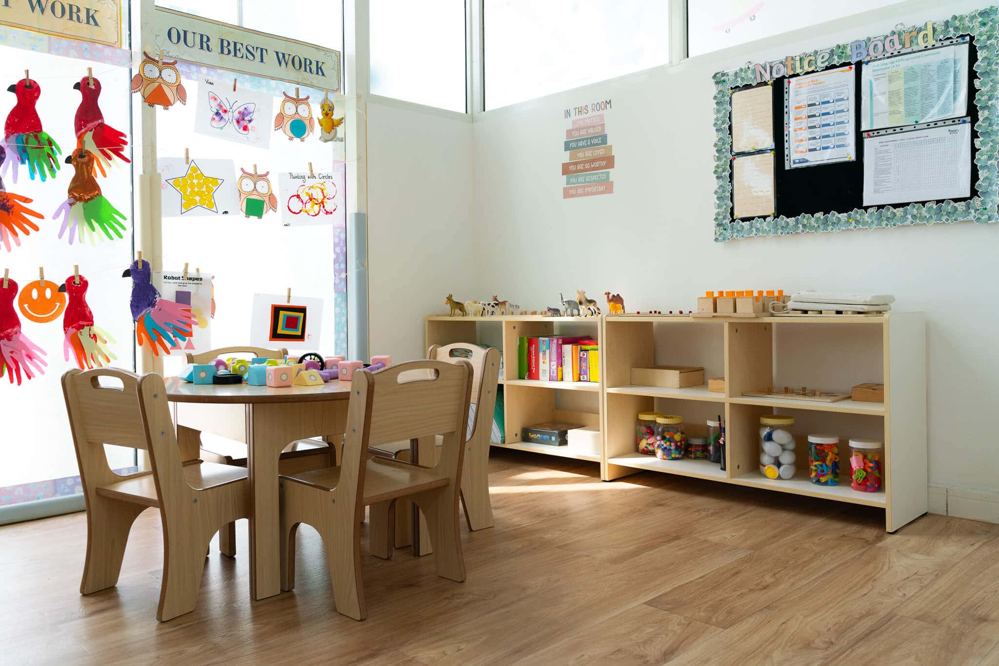 Classroom at Tappy Toes Nursery Al Karama with low shelves and child-sized tables